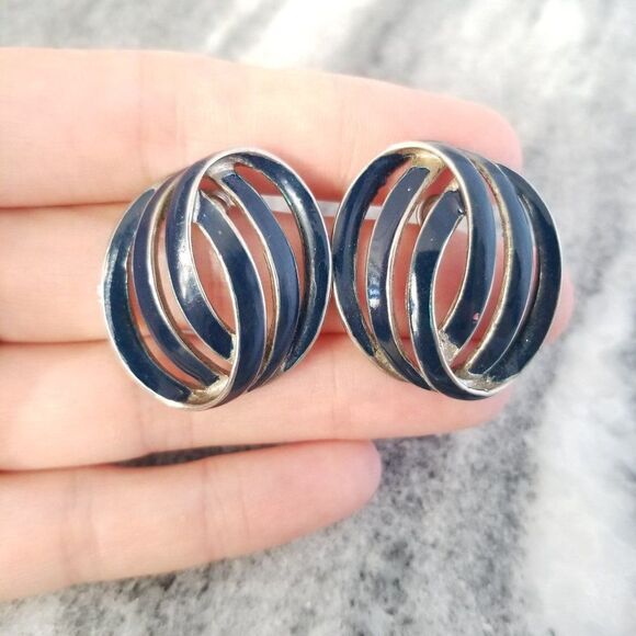 Vintage OPER Signed Retro Blue Enamel Post Earrings, 80s Design, Silver Tone - Picture 4 of 6